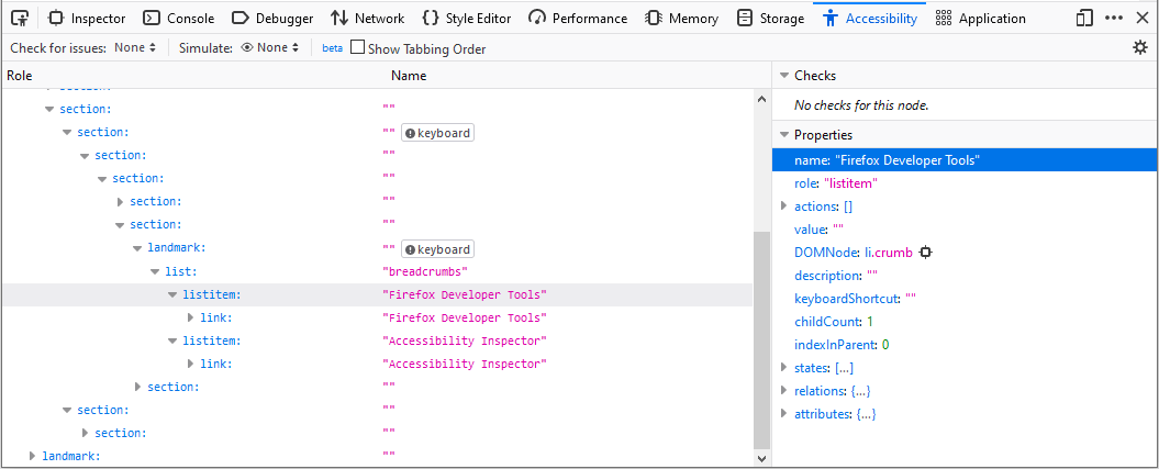 Shows issue checker toolbar with "contrast" and "text label" options