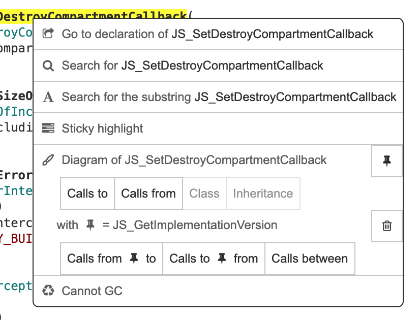 The context menu for diagramming with pinned item