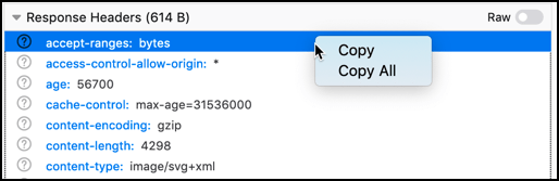 Screenshot showing the Response headers pane, and its context menu with "Copy" and "Copy all" items