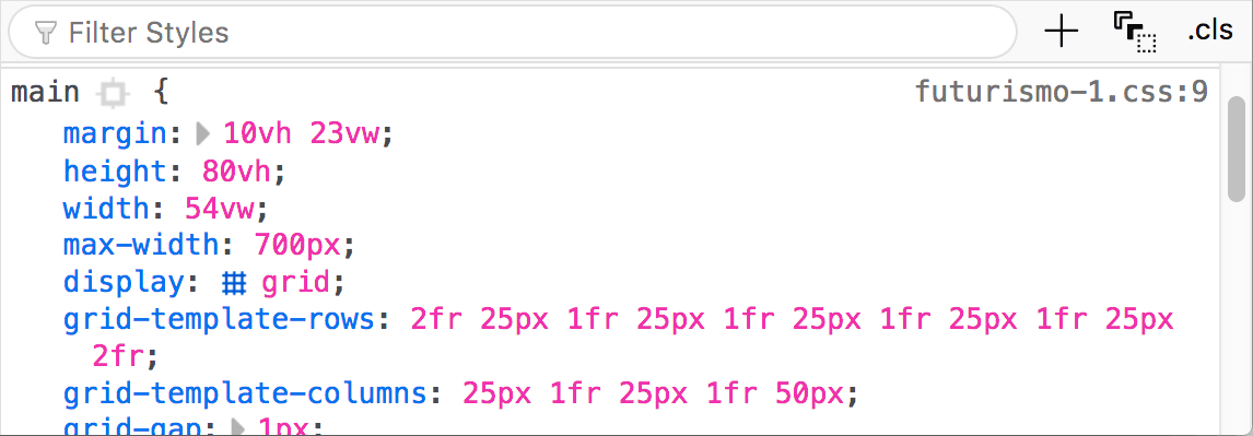 The CSS pane of the Firefox devtools, showing the CSS for a grid layout with a grid icon included next to display: grid