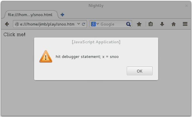 The Debugger callback displaying an alert