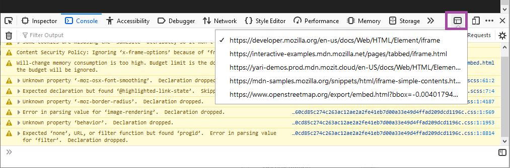 Screenshot showing how to set an iframe as the target of developer tools (using the iframe button)