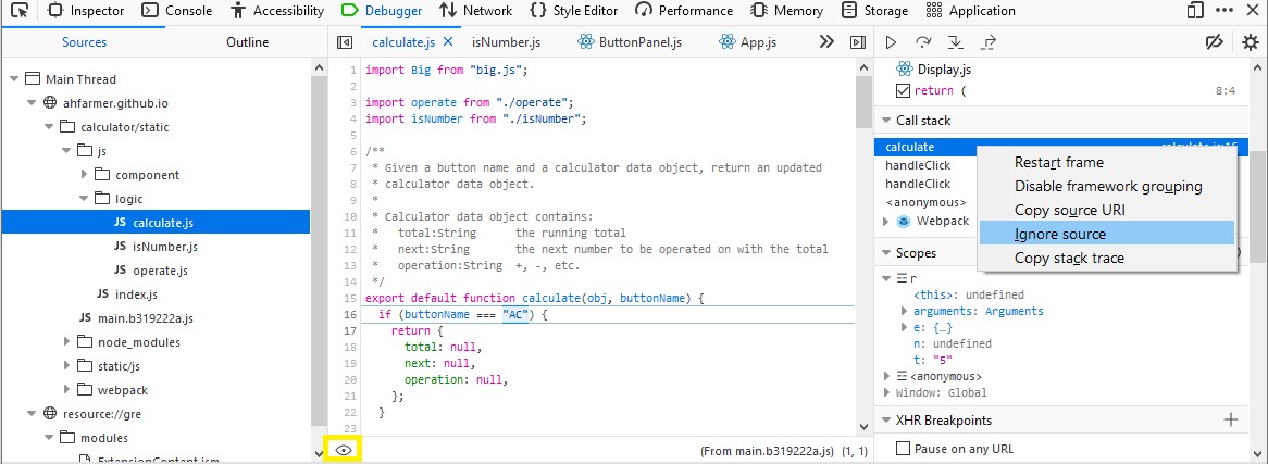 FF Debugger showing callstack with right-menu and marked up unignore/ignore source "eye"