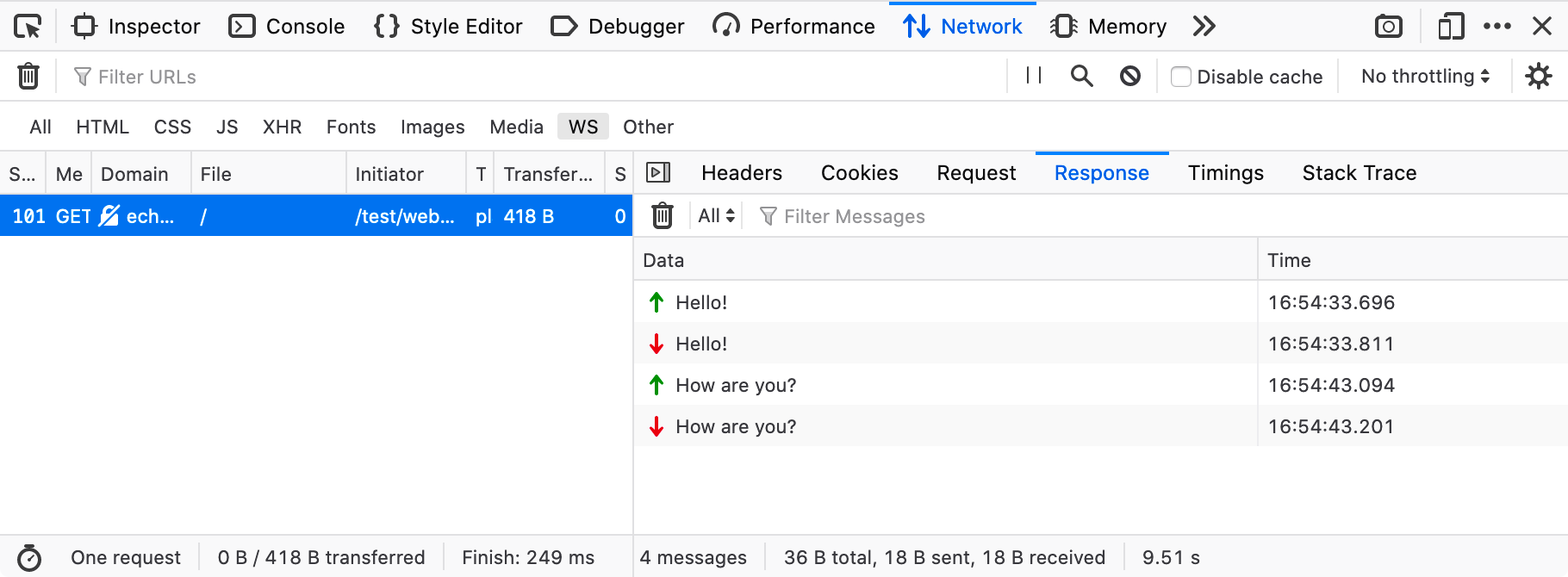 Messages panel in the web socket inspector