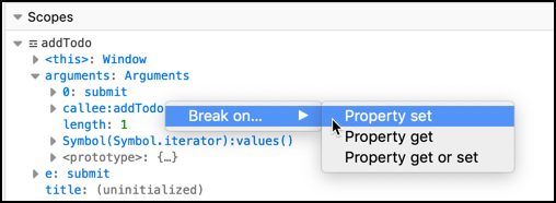 Screenshot showing the context menu for setting a watchpoint on an object